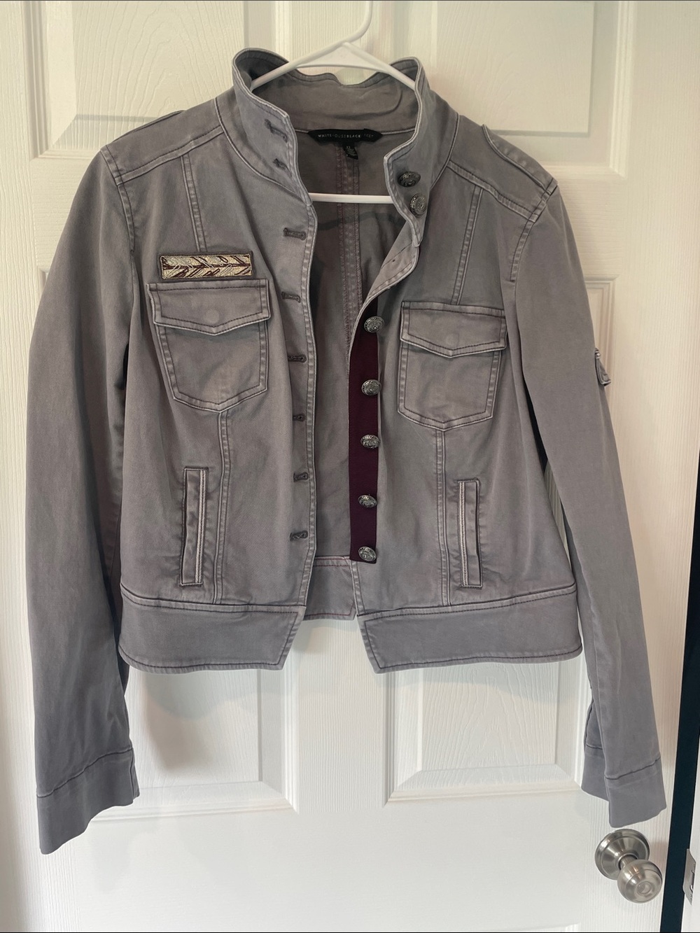 White House Black Market Gray Military-Style Jean Jacket